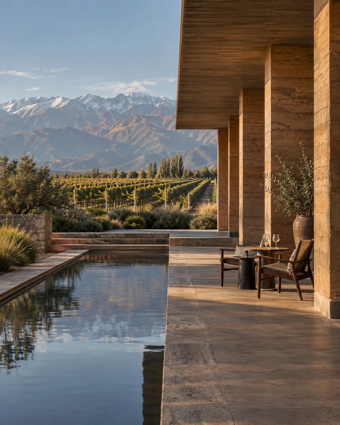 Generated concept of a secluded winery terrace and reflecting pool below the Andes
