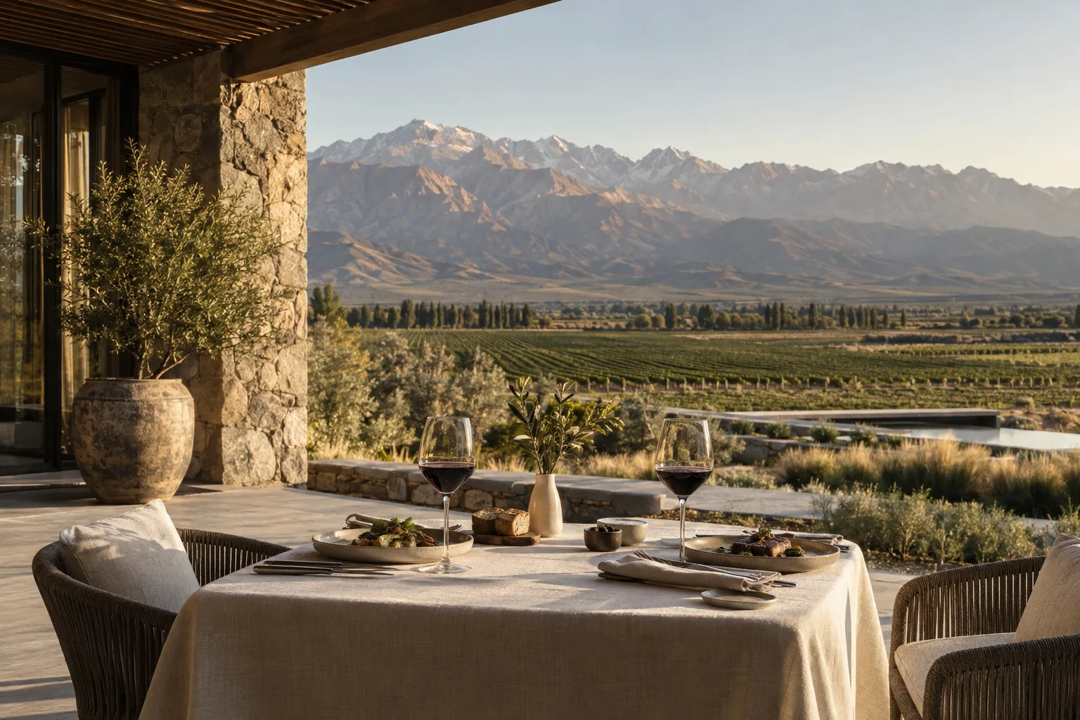 Generated concept of a private winery lunch terrace overlooking vineyards and the Andes